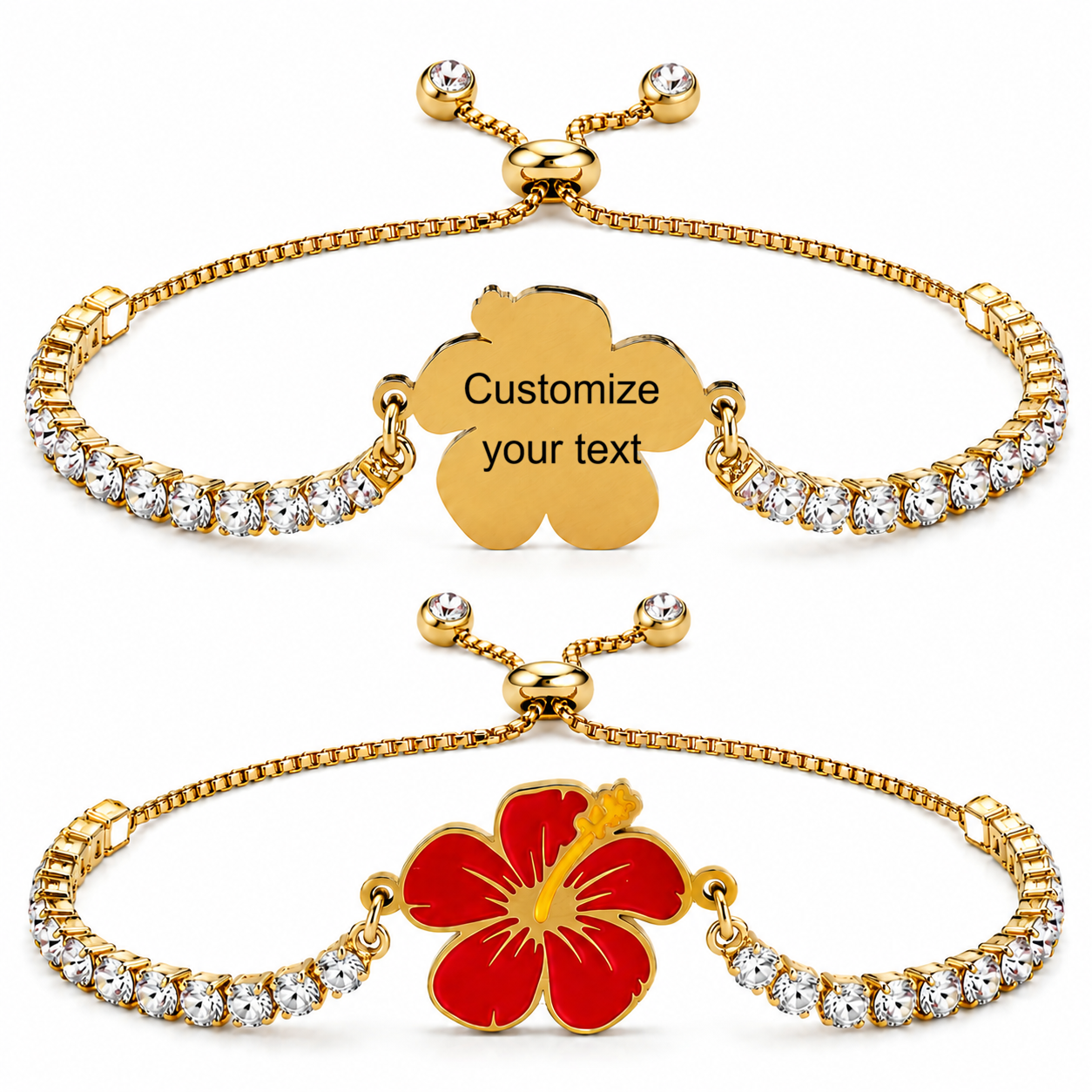 Hibiscus Flower Tennis Bracelet for Women | Gold Plated Stainless Steel Cubic Zirconia Adjustable Slide Clasp Bracelet | Red & Purple Enamel Floral Jewelry Gift