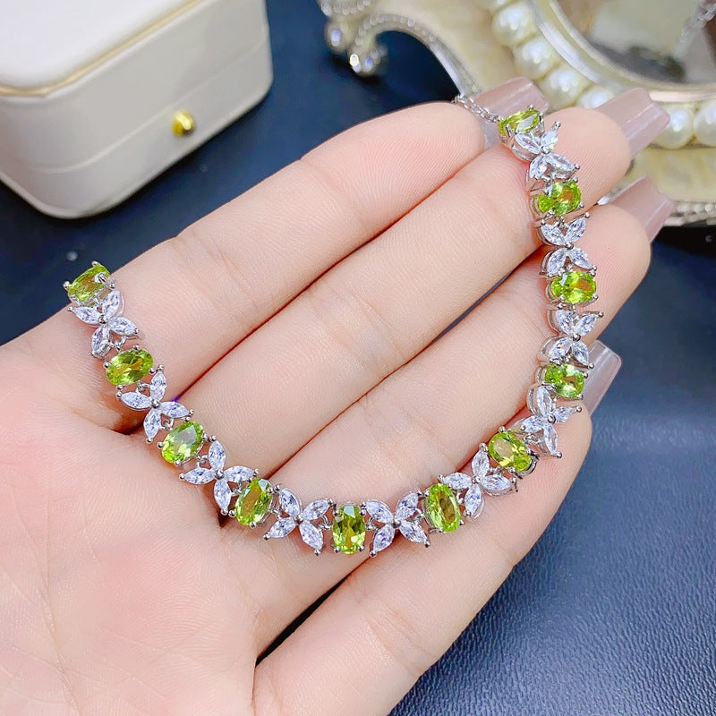 Uloveido Women's S925 Stering Silver 4*6mm Green Peridot Butterfly Flower Bracelet, Oval Cut Gemstone Birthstone Jewelry for Birthday Gift F1021