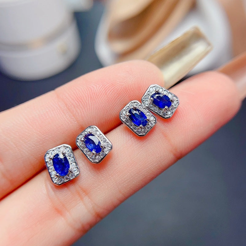 925 STERLING SILVER Earrings with Rectangle Sapphire Stud Earrings with Sparkling Cubic Zirconia. The Silver Halo Earrings are a Lovely Gift for Her.