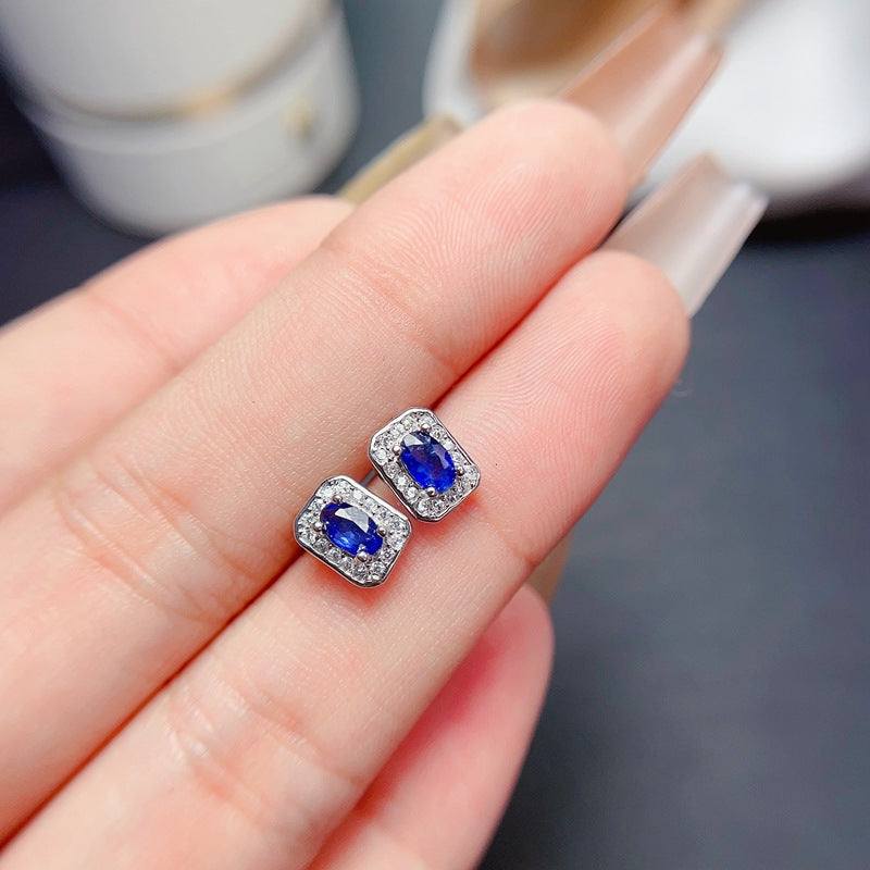 925 STERLING SILVER Earrings with Rectangle Sapphire Stud Earrings with Sparkling Cubic Zirconia. The Silver Halo Earrings are a Lovely Gift for Her.