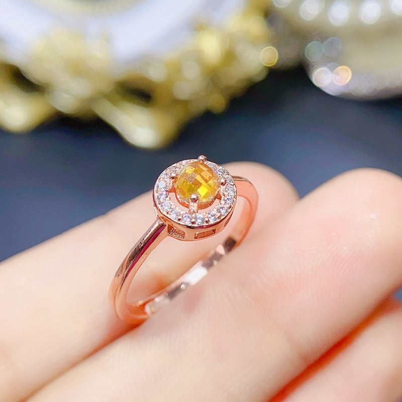 925 Sterling Silver November Birthstone Natural Citrine Rings Round Shape Wedding Enagement Ring Jewelry for Women Girls (with Gift Box)