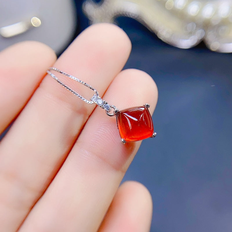 Uloveido 3D Square Tower Shape 8*8mm Natural Garnet Pendant Necklace for Women Girls, 925 Sterling Silver Platinum Plated Gemstone Jewelry F1006