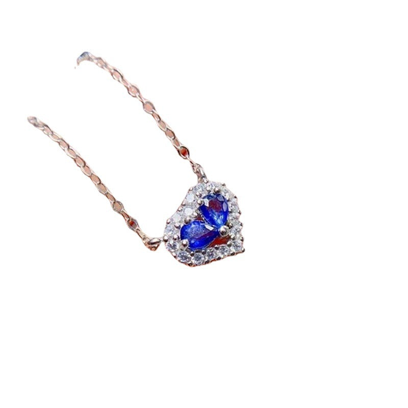 Uloveido 925 sterling silver heart necklace for women with 2 pcs of natural tear drop blue sapphire centre stone- Chain length 45 cm F1008