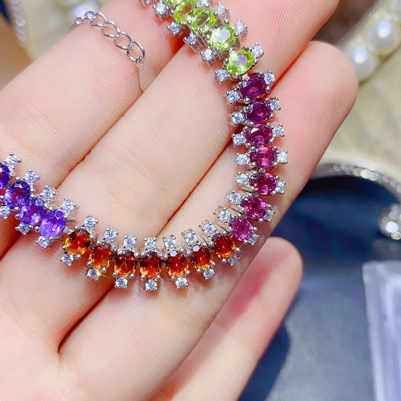 925 Silver Multi-Gemstone Bracelet | Peridot, Garnet, Prehnite, Citrine, Amethyst, Topaz | Adjustable Bead Bracelet for Women | Ideal for Birthday, Valentine's Day, Wedding & Mother's Day Gifts | 20% Off