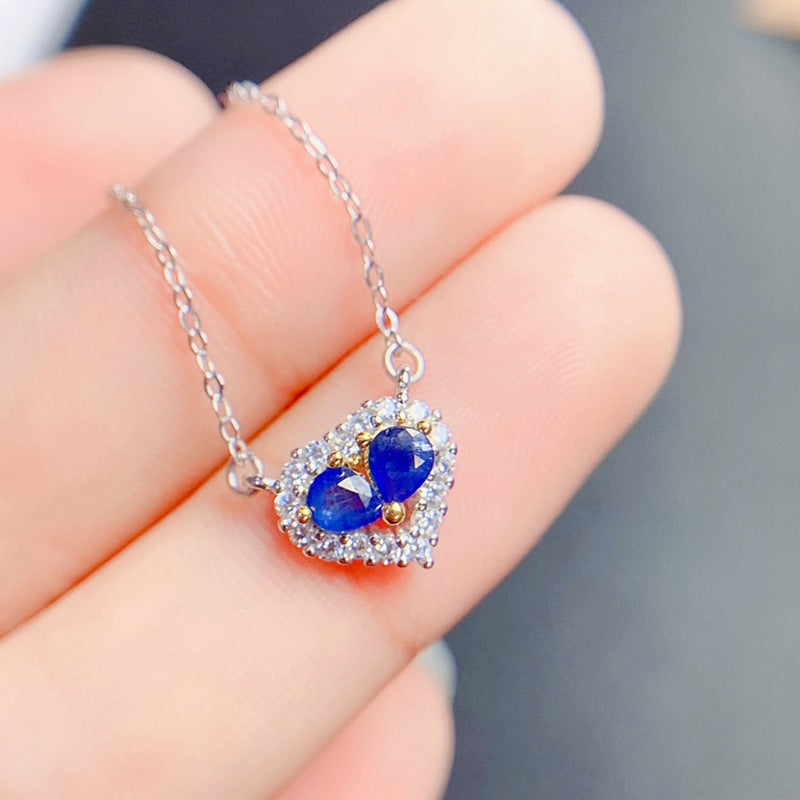 Uloveido 925 sterling silver heart necklace for women with 2 pcs of natural tear drop blue sapphire centre stone- Chain length 45 cm F1008