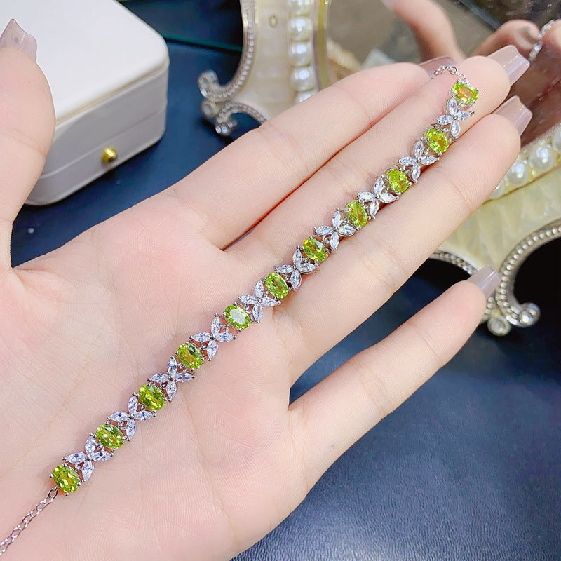 Uloveido Women's S925 Stering Silver 4*6mm Green Peridot Butterfly Flower Bracelet, Oval Cut Gemstone Birthstone Jewelry for Birthday Gift F1021