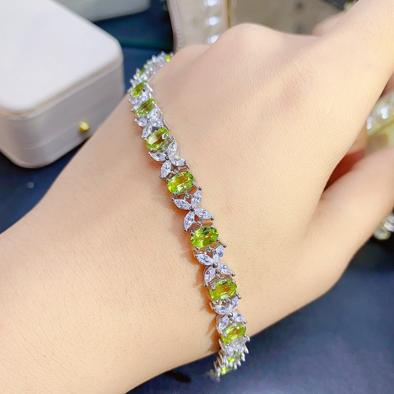 Uloveido Women's S925 Stering Silver 4*6mm Green Peridot Butterfly Flower Bracelet, Oval Cut Gemstone Birthstone Jewelry for Birthday Gift F1021