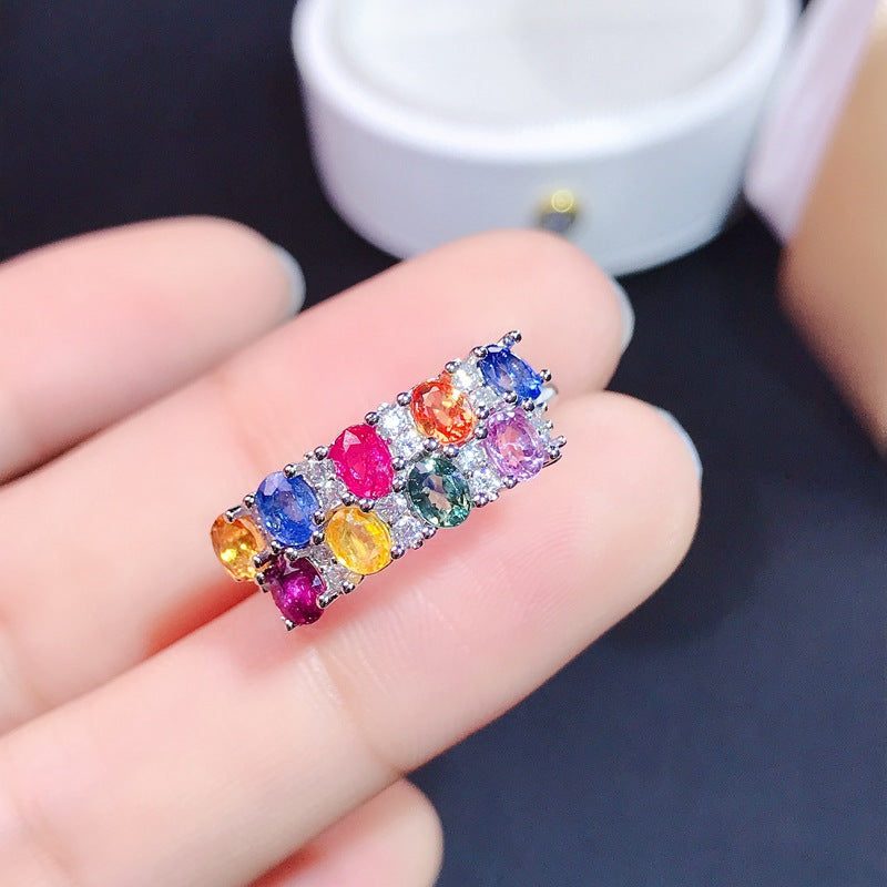 Gift Box Offered 925 Sterling Silver Ring with Natural Garnet, Ruby, London Blue Topaz, Tourmaline, Sapphire, Moonstone, Tanzanite, Spinel, and Peridot Ring | 3*4mm Gemstones | Adjustable Size | S925 Silver | Platinum Plated | Engagement, Wedding 20% off