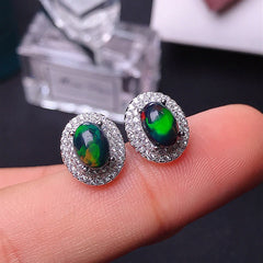 Uloveido 5*7mm Oval Cut Black Fire Opal Stud Earrings for Women, 925 Sterling Silver Platinum Plated Gemstone Earring Wedding Jewelry