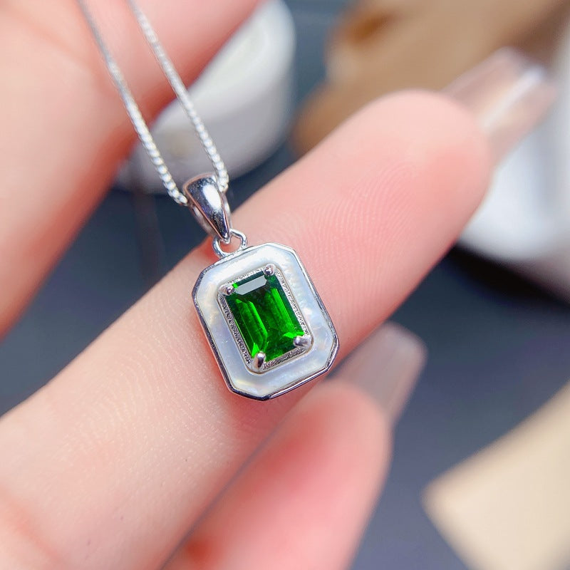 Uloveido Natural Green Rectangle 4*6mm Diopside Pendant Necklace for Women, 925 Sterling Silver Gemstone Birthstone Necklaces Jewelry F1022