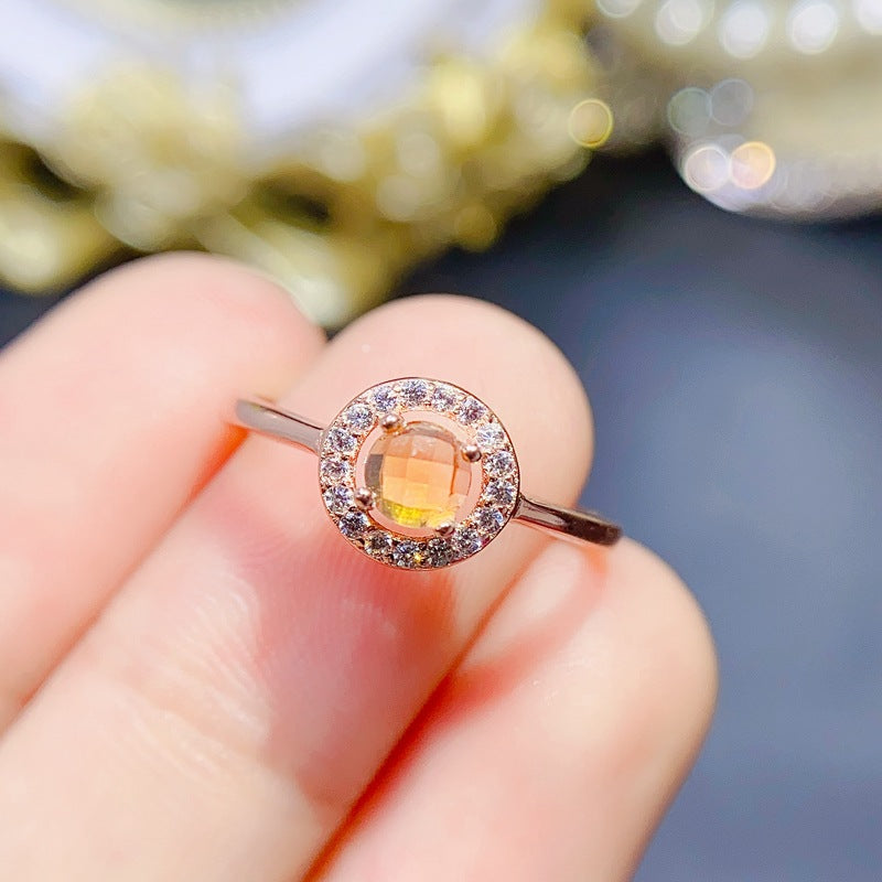 925 Sterling Silver November Birthstone Natural Citrine Rings Round Shape Wedding Enagement Ring Jewelry for Women Girls (with Gift Box)