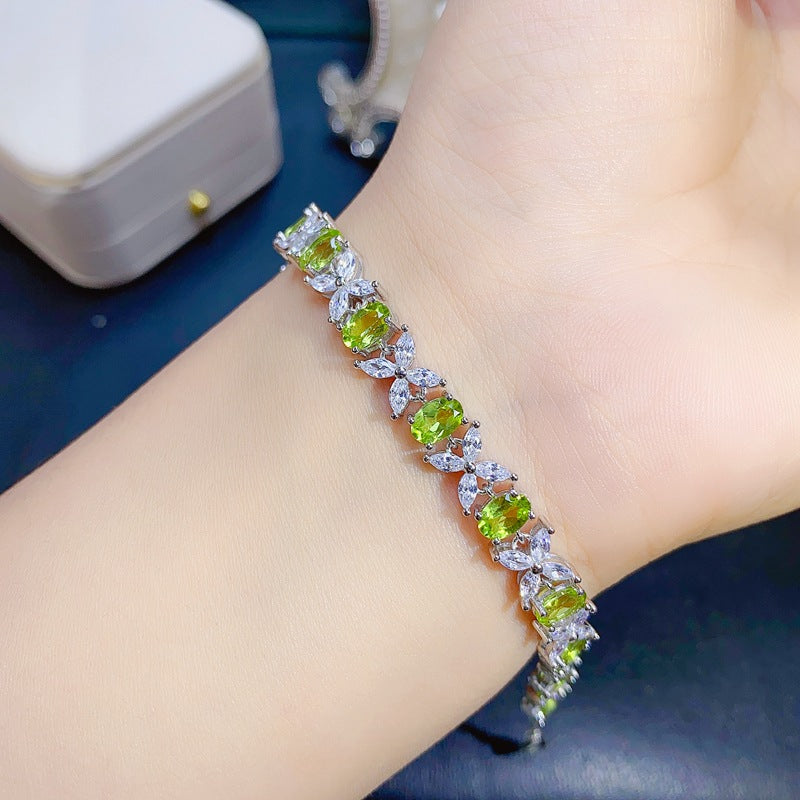 Uloveido Women's S925 Stering Silver 4*6mm Green Peridot Butterfly Flower Bracelet, Oval Cut Gemstone Birthstone Jewelry for Birthday Gift F1021