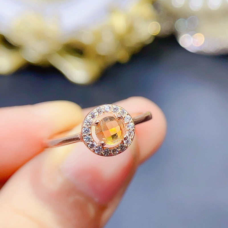 925 Sterling Silver November Birthstone Natural Citrine Rings Round Shape Wedding Enagement Ring Jewelry for Women Girls (with Gift Box)