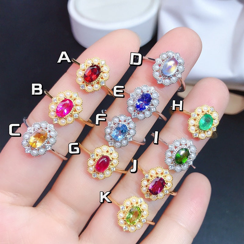 925 Silver Pearl Ring with Garnet, Topaz, Citrine, Moonstone, Tanzanite, Swiss Blue, Ruby, Emerald, Prehnite, Magnesium Aluminum Garnet & Peridot | Adjustable Women’s Ring | Birthstone, Engagement, Wedding, Birthday, Valentine's Day Gift | 20% Off