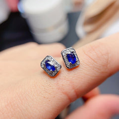 925 STERLING SILVER Earrings with Rectangle Sapphire Stud Earrings with Sparkling Cubic Zirconia. The Silver Halo Earrings are a Lovely Gift for Her.