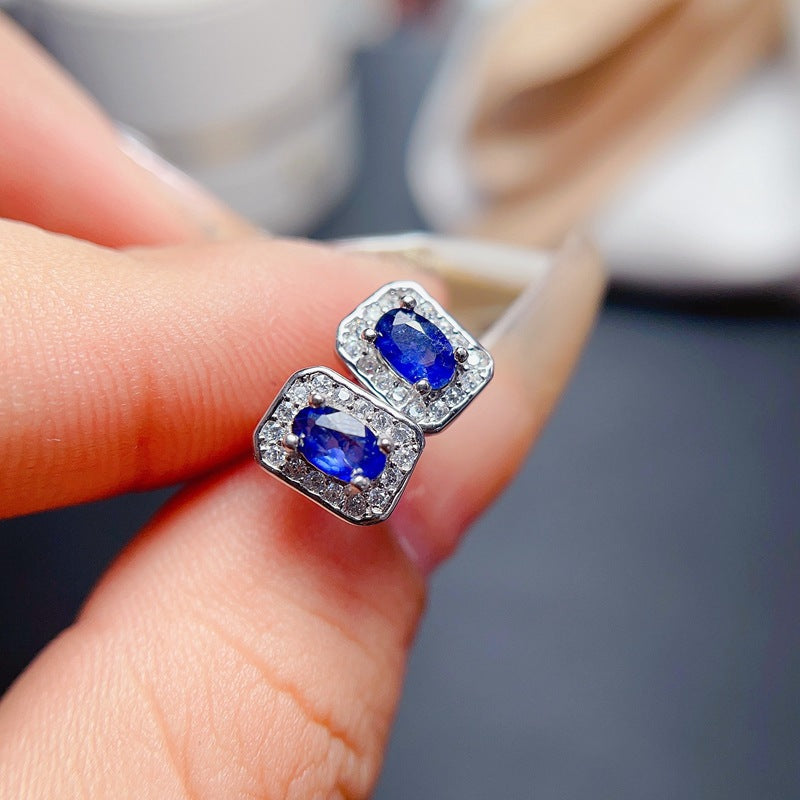 925 STERLING SILVER Earrings with Rectangle Sapphire Stud Earrings with Sparkling Cubic Zirconia. The Silver Halo Earrings are a Lovely Gift for Her.