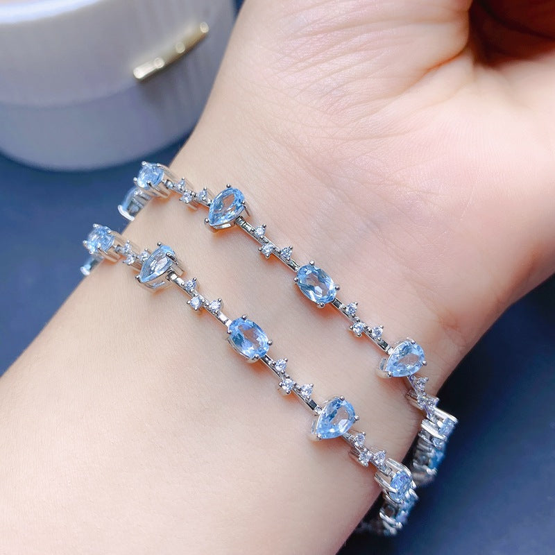 Uloveido Women's 925 Sterling Silver London Sky Blue Topaz Gemstone Bracelet Light Blue Oval and Teardrop Diamond Wedding Anniversary Mother's Day Jewellery F1020