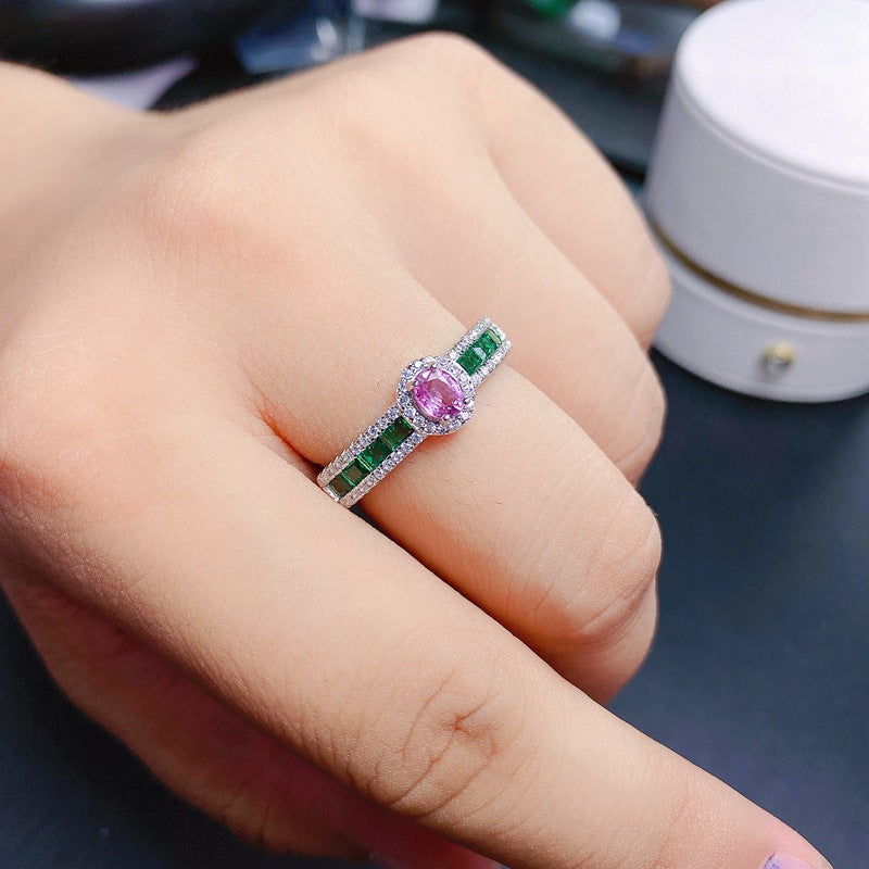 Uloveido Natural 4*5mm Pink & Green Papalacha Sterling Silver Ring for Women, Adjustable, Gemstone Birthday Jewelry Gift