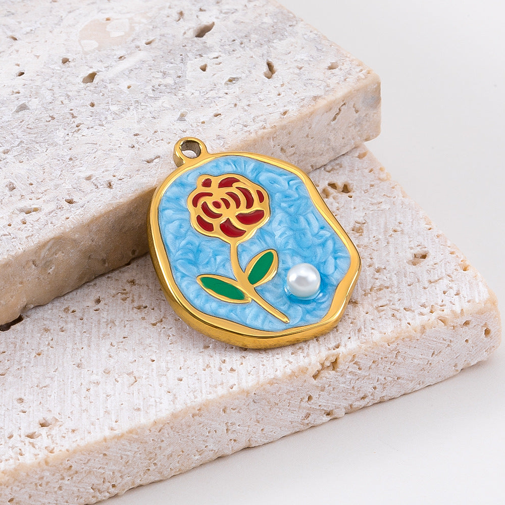 Morandi Garden Oil Painting Style Enamel Pendant | 16-20mm Stainless Steel Gold Plated Charms | DIY Bracelet Necklace Jewelry Making Accessories | Hypoallergenic, Pendant Only