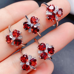 925 Silver Heart-Shaped Garnet Clover Ring | Minimalist Adjustable January Birthstone Jewelry | Wedding Engagement Valentine's Day Mother's Day Birthday Gift for Women, Mom, Wife, Girlfriend | Wholesale, Retail, Dropshipping Supported | 20% Off