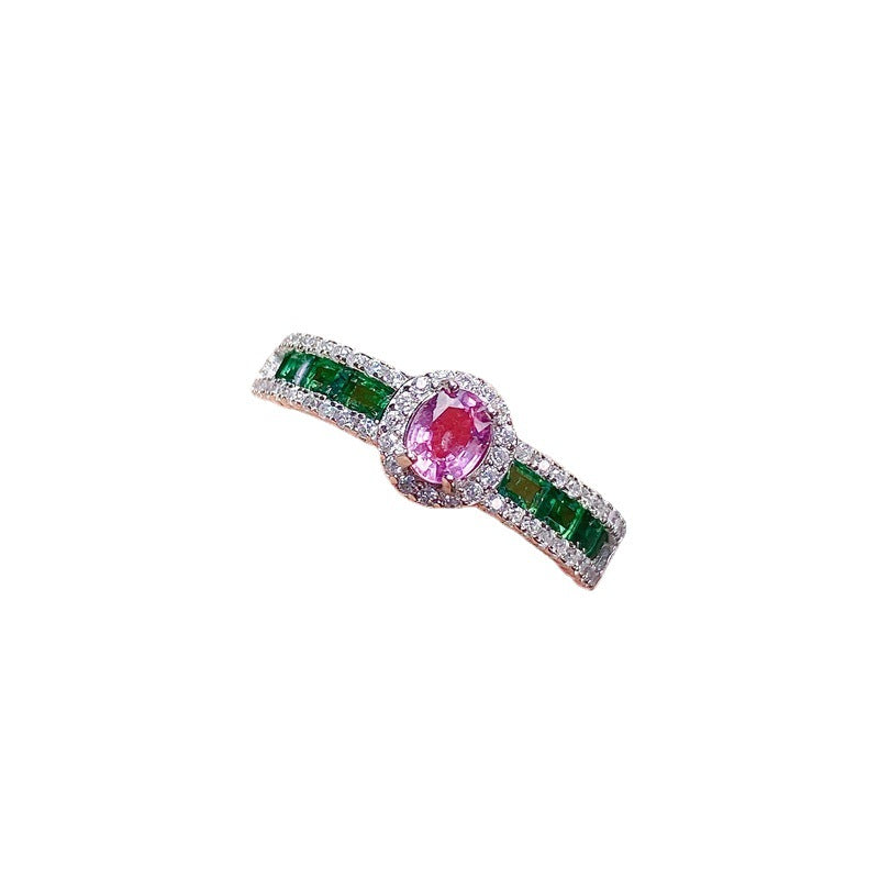 Uloveido Natural 4*5mm Pink & Green Papalacha Sterling Silver Ring for Women, Adjustable, Gemstone Birthday Jewelry Gift