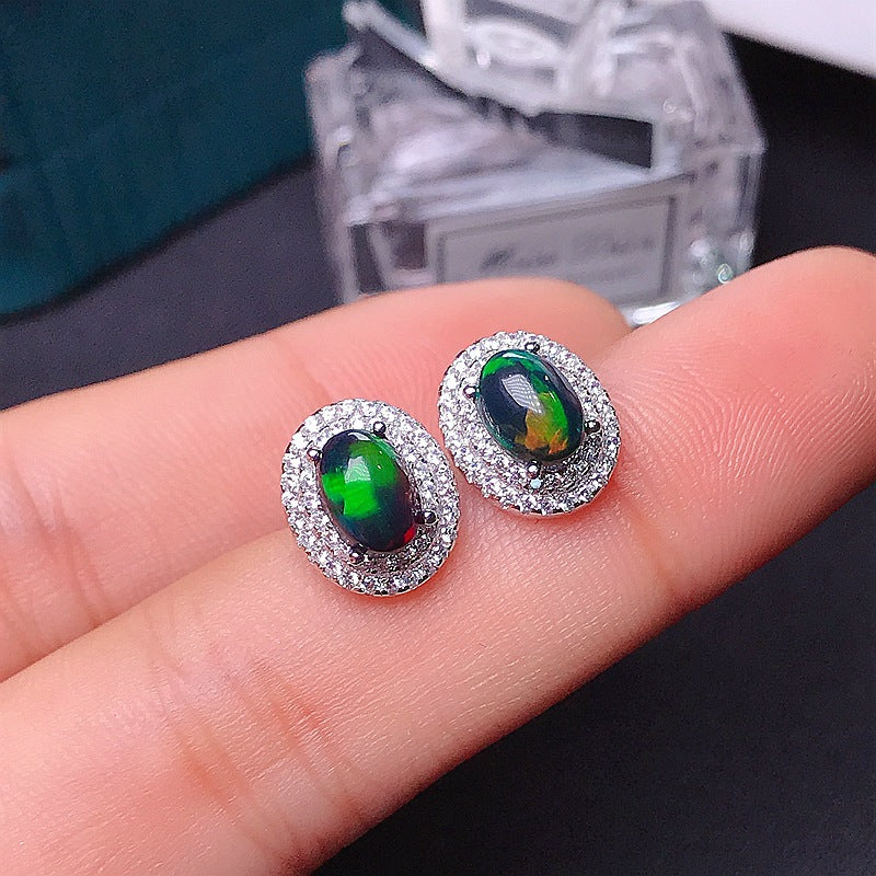 Uloveido 5*7mm Oval Cut Black Fire Opal Stud Earrings for Women, 925 Sterling Silver Platinum Plated Gemstone Earring Wedding Jewelry