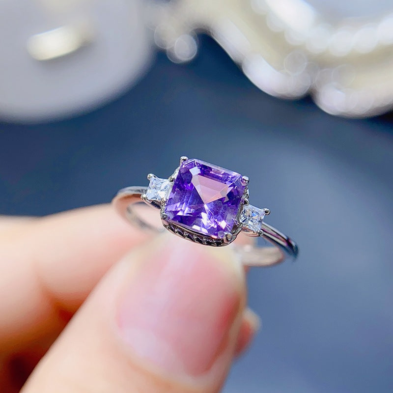 Uloveido Halo Engagement Square Ring for Women in 925 Sterling Silver with Amethyst Gemstone Jewelry Adjustable Size, adjustable ring