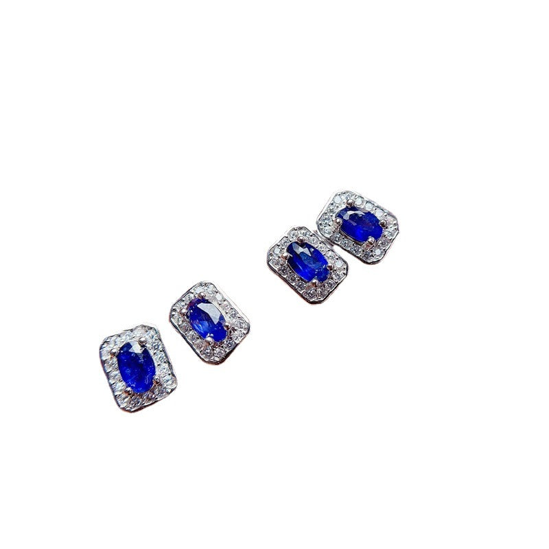 925 STERLING SILVER Earrings with Rectangle Sapphire Stud Earrings with Sparkling Cubic Zirconia. The Silver Halo Earrings are a Lovely Gift for Her.