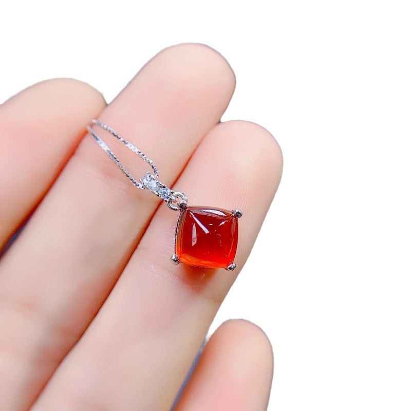 Uloveido 3D Square Tower Shape 8*8mm Natural Garnet Pendant Necklace for Women Girls, 925 Sterling Silver Platinum Plated Gemstone Jewelry F1006