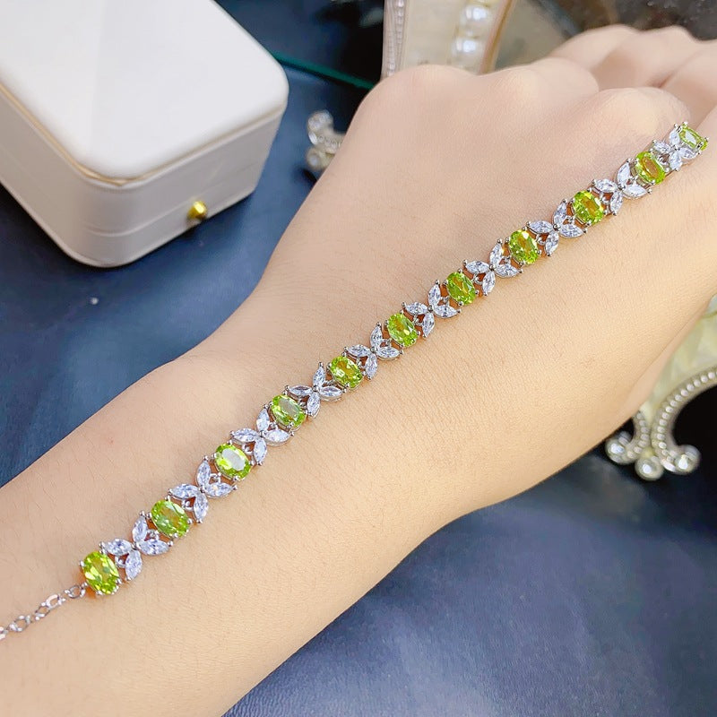 Uloveido Women's S925 Stering Silver 4*6mm Green Peridot Butterfly Flower Bracelet, Oval Cut Gemstone Birthstone Jewelry for Birthday Gift F1021