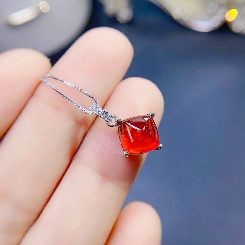 Uloveido 3D Square Tower Shape 8*8mm Natural Garnet Pendant Necklace for Women Girls, 925 Sterling Silver Platinum Plated Gemstone Jewelry F1006