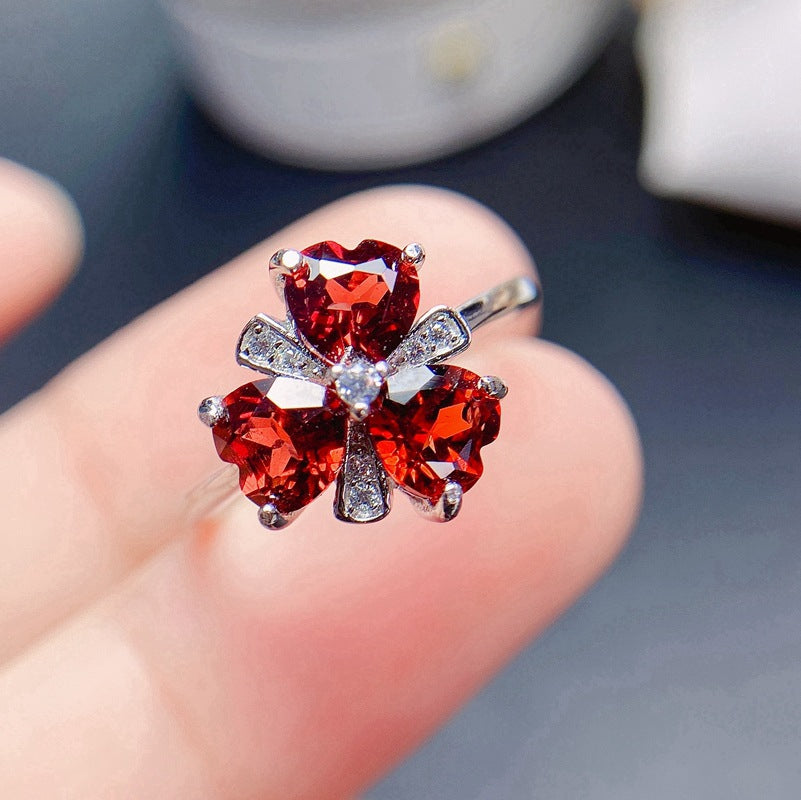 925 Silver Heart-Shaped Garnet Clover Ring | Minimalist Adjustable January Birthstone Jewelry | Wedding Engagement Valentine's Day Mother's Day Birthday Gift for Women, Mom, Wife, Girlfriend | Wholesale, Retail, Dropshipping Supported | 20% Off
