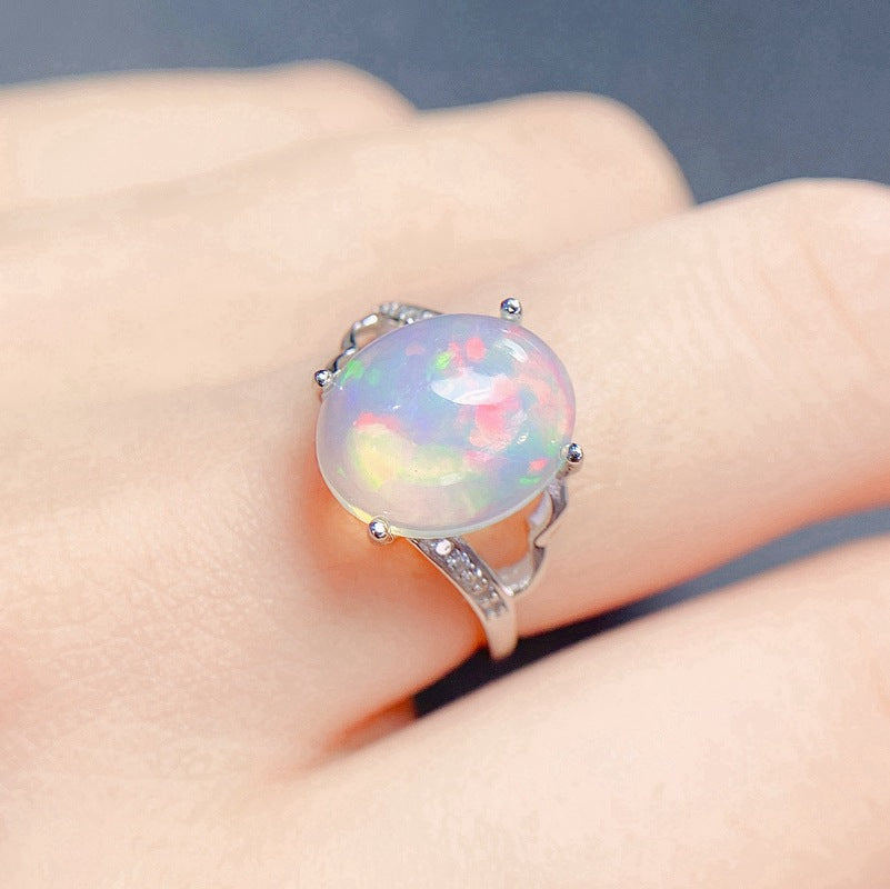 Uloveido 10*12mm Fire Opal Gemstone Ring for Women, Open Size, 925 Sterling Silver Oval Cut Opal Jewelry Birthstone Gift for Girls, Platimam Plated F1026