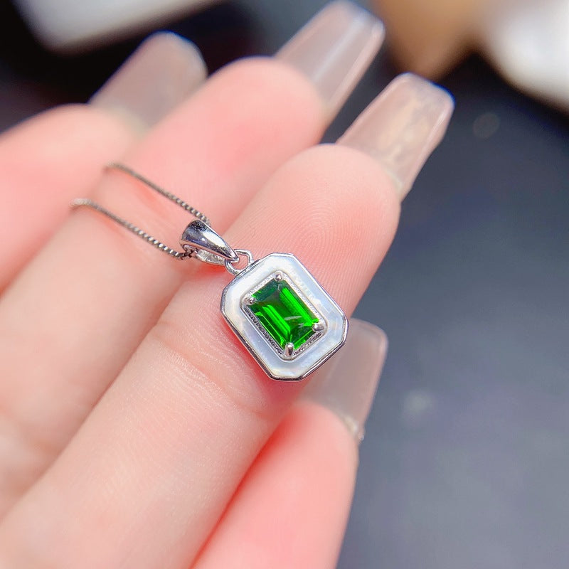 Uloveido Natural Green Rectangle 4*6mm Diopside Pendant Necklace for Women, 925 Sterling Silver Gemstone Birthstone Necklaces Jewelry F1022