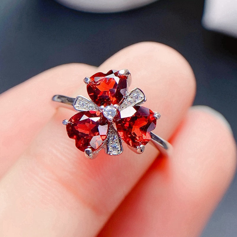 925 Silver Heart-Shaped Garnet Clover Ring | Minimalist Adjustable January Birthstone Jewelry | Wedding Engagement Valentine's Day Mother's Day Birthday Gift for Women, Mom, Wife, Girlfriend | Wholesale, Retail, Dropshipping Supported | 20% Off