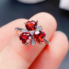 925 Silver Heart-Shaped Garnet Clover Ring | Minimalist Adjustable January Birthstone Jewelry | Wedding Engagement Valentine's Day Mother's Day Birthday Gift for Women, Mom, Wife, Girlfriend | Wholesale, Retail, Dropshipping Supported | 20% Off