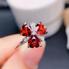 925 Silver Heart-Shaped Garnet Clover Ring | Minimalist Adjustable January Birthstone Jewelry | Wedding Engagement Valentine's Day Mother's Day Birthday Gift for Women, Mom, Wife, Girlfriend | Wholesale, Retail, Dropshipping Supported | 20% Off