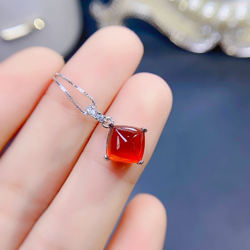 Uloveido 3D Square Tower Shape 8*8mm Natural Garnet Pendant Necklace for Women Girls, 925 Sterling Silver Platinum Plated Gemstone Jewelry F1006