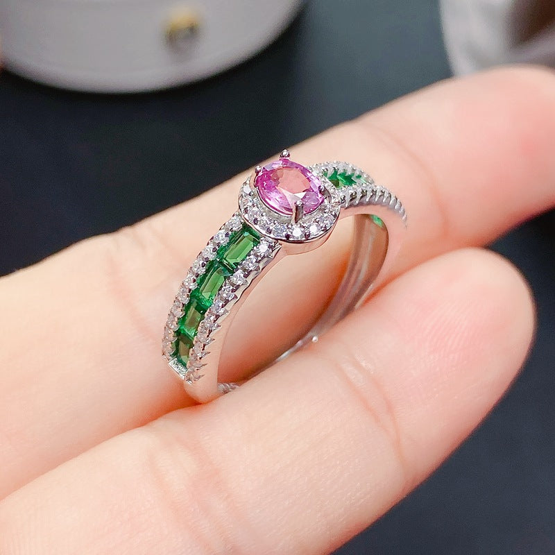 Uloveido Natural 4*5mm Pink & Green Papalacha Sterling Silver Ring for Women, Adjustable, Gemstone Birthday Jewelry Gift