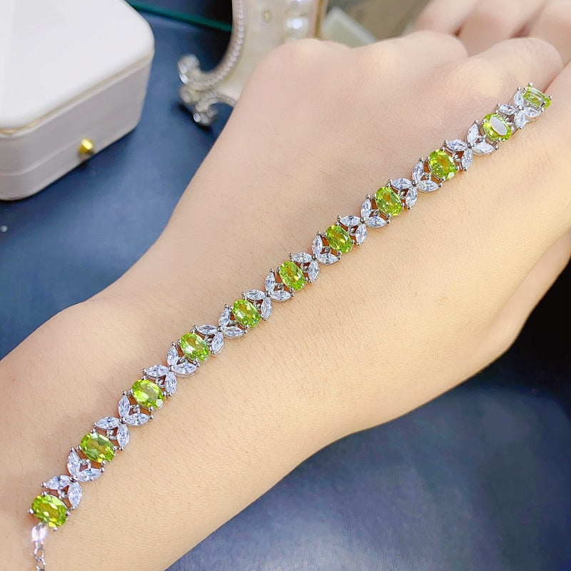 Uloveido Women's S925 Stering Silver 4*6mm Green Peridot Butterfly Flower Bracelet, Oval Cut Gemstone Birthstone Jewelry for Birthday Gift F1021