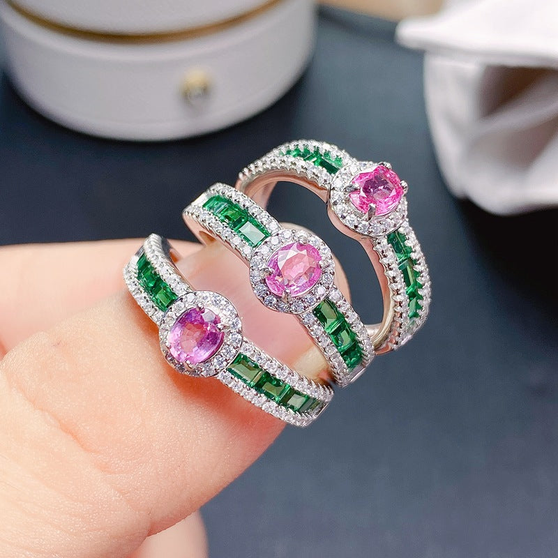 Uloveido Natural 4*5mm Pink & Green Papalacha Sterling Silver Ring for Women, Adjustable, Gemstone Birthday Jewelry Gift