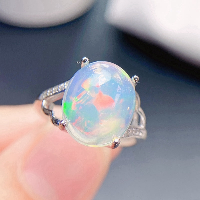 Uloveido 10*12mm Fire Opal Gemstone Ring for Women, Open Size, 925 Sterling Silver Oval Cut Opal Jewelry Birthstone Gift for Girls, Platimam Plated F1026