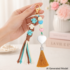 Handmade Flower Tassel Keychain Charm Boho Woven Floral Bag Pendant with Heart Beads for Women