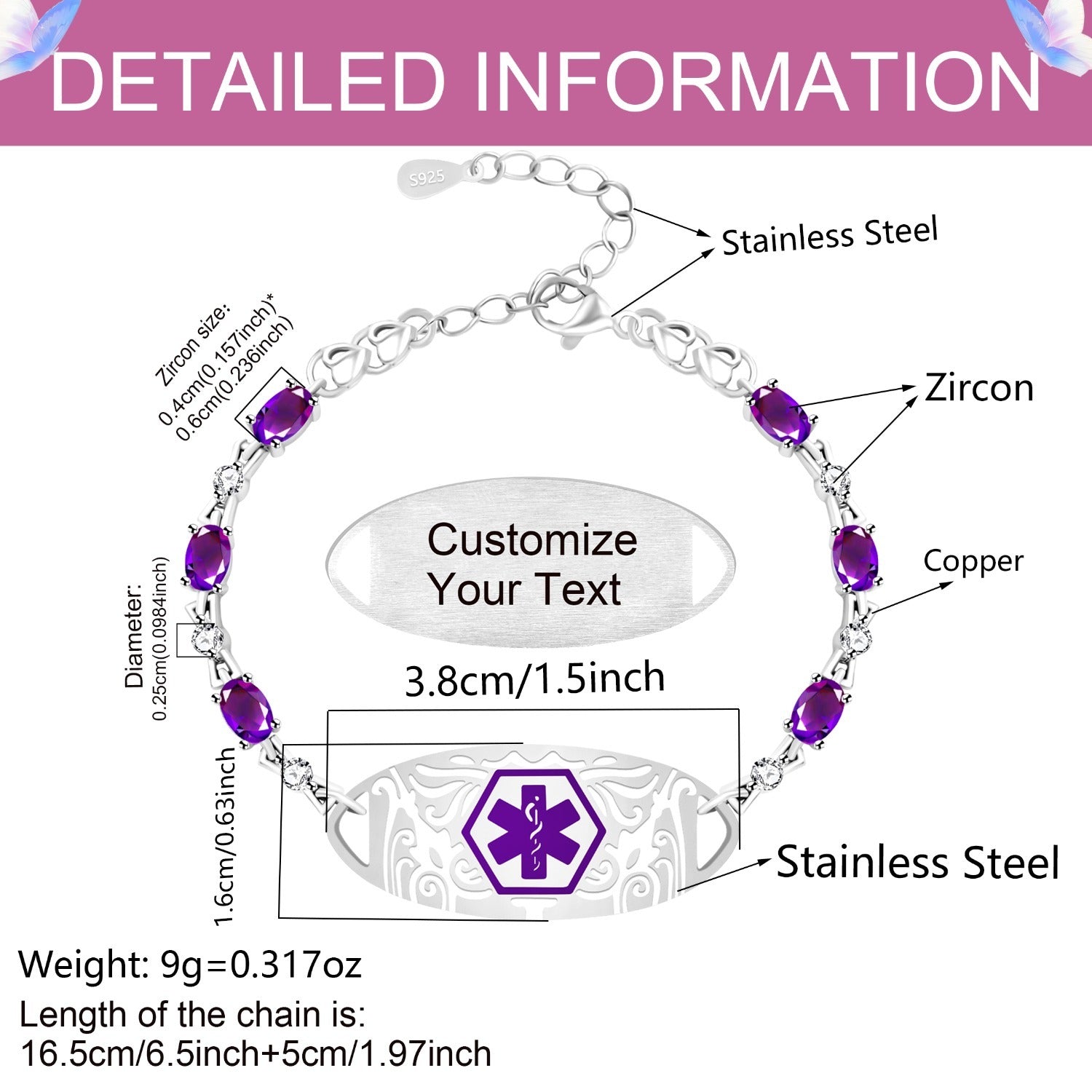 Purple Zirconia Medical Alert Bracelet for Women, Stainless Steel Medical ID Bracelet with Laser Engraved Custom Text, Lightweight Emergency Jewelry for Daily Sports Travel Wear