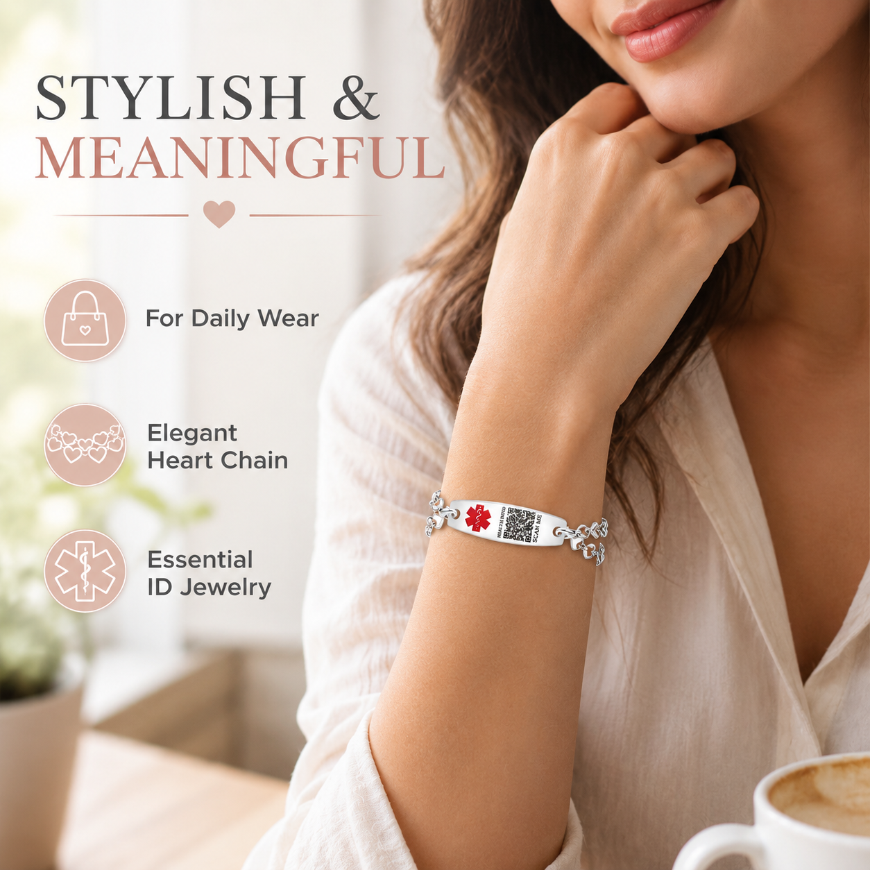 Uloveido Heart Medical ID Bracelet for Women, Double Chain Stainless Steel Emergency Info Wristband, Dynamic QR Code or Personalized Engraving, Adjustable Safety Jewelry for Daily Wear