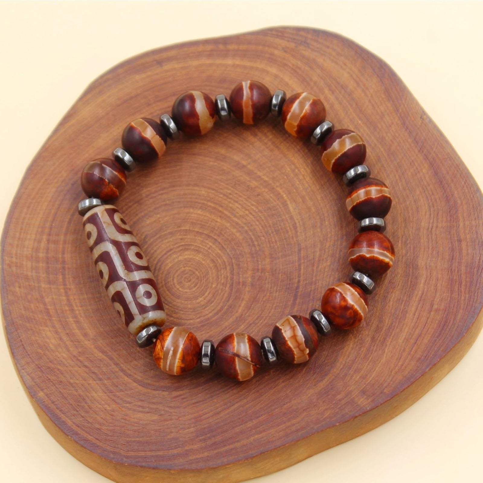 Dzi Bead Tibetan Bracelet for Men Women | Nine Eye Dzi Agate Beaded Bracelet with Hematite Spacers | Feng Shui Buddhist Meditation Amulet Adjustable Style Jewelry Brown Green Black YA5102