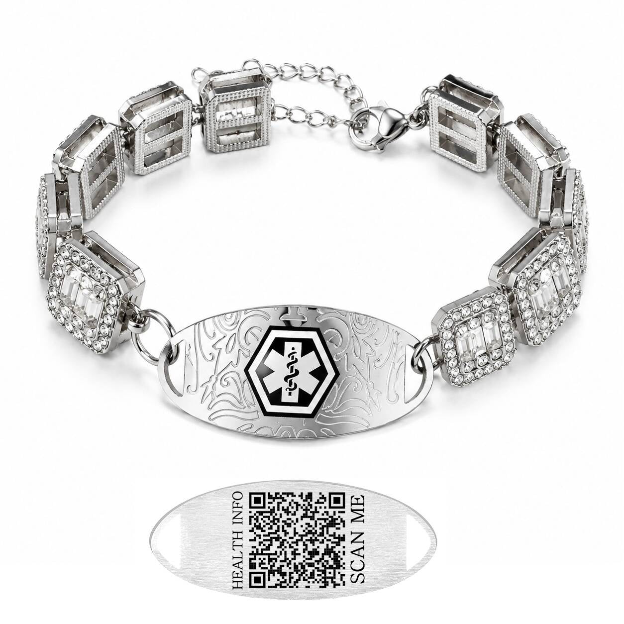 Rhinestone Medical ID Bracelet for Women, Luxury Square Link Chain Bracelet with Stainless Steel ID Plate, Custom Engraving or QR Code Emergency Information Jewelry, Adjustable Safety Bracelet