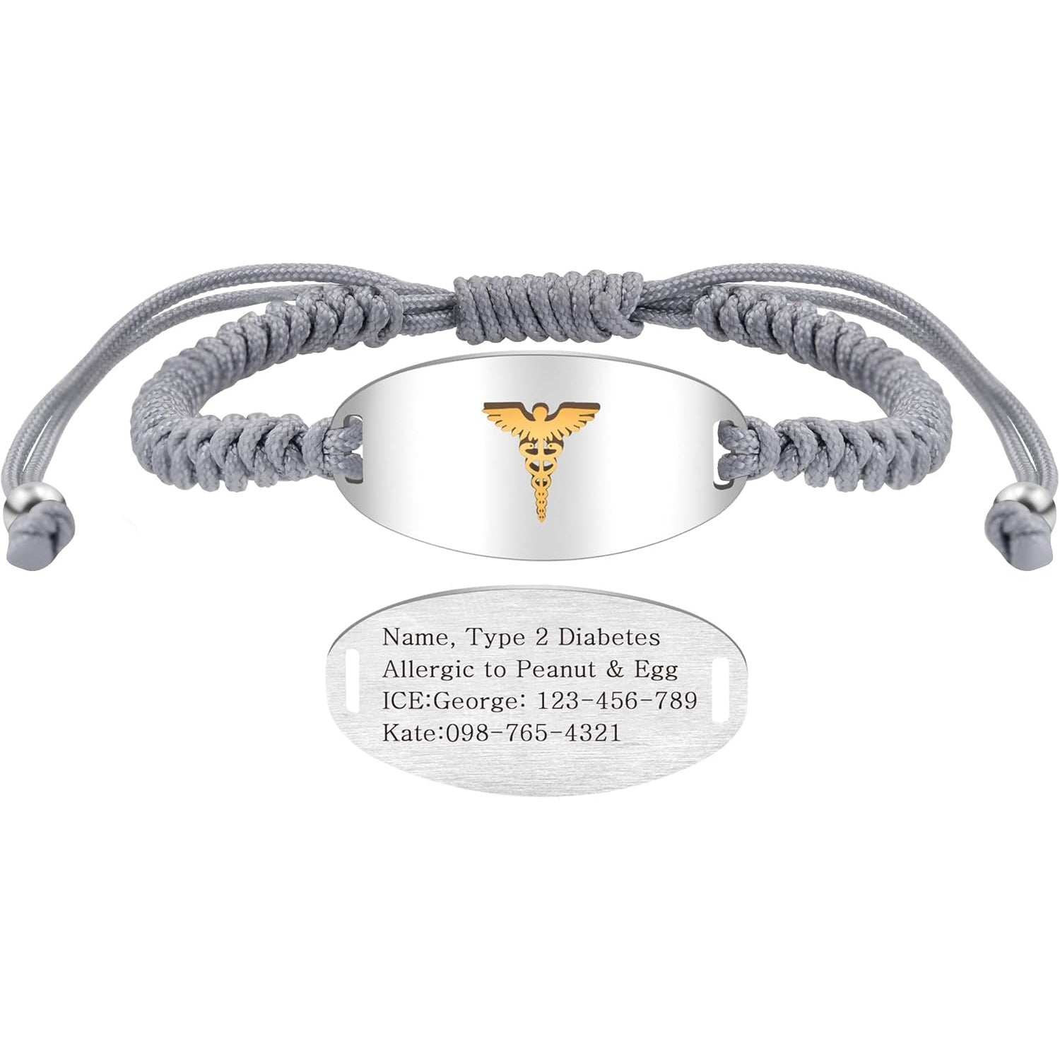 Adjustable Gray Braided Medical Alert Bracelet for Men Women, Dynamic QR Code or Custom Engraved ID Plate, Silver or Black Stainless Steel Emergency Contact Bracelet with Golden Medical Symbol