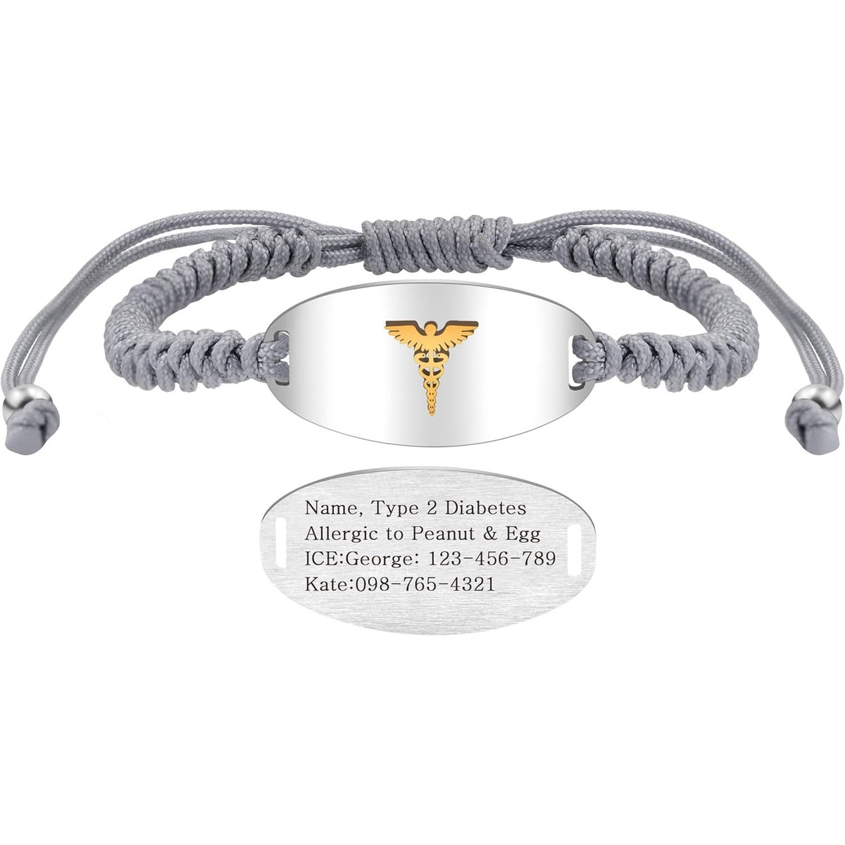 Adjustable Gray Braided Medical Alert Bracelet for Men Women, Dynamic QR Code or Custom Engraved ID Plate, Silver or Black Stainless Steel Emergency Contact Bracelet with Golden Medical Symbol