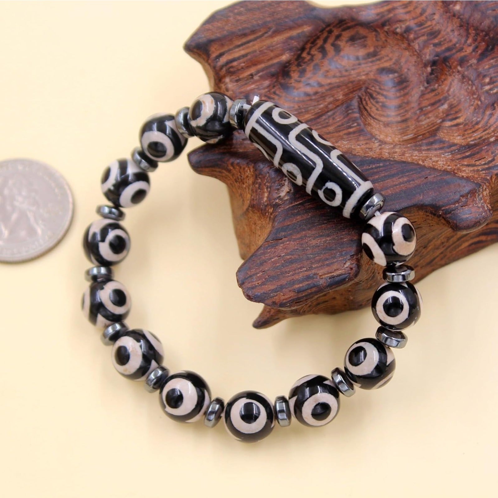 Dzi Bead Tibetan Bracelet for Men Women | Nine Eye Dzi Agate Beaded Bracelet with Hematite Spacers | Feng Shui Buddhist Meditation Amulet Adjustable Style Jewelry Brown Green Black YA5102